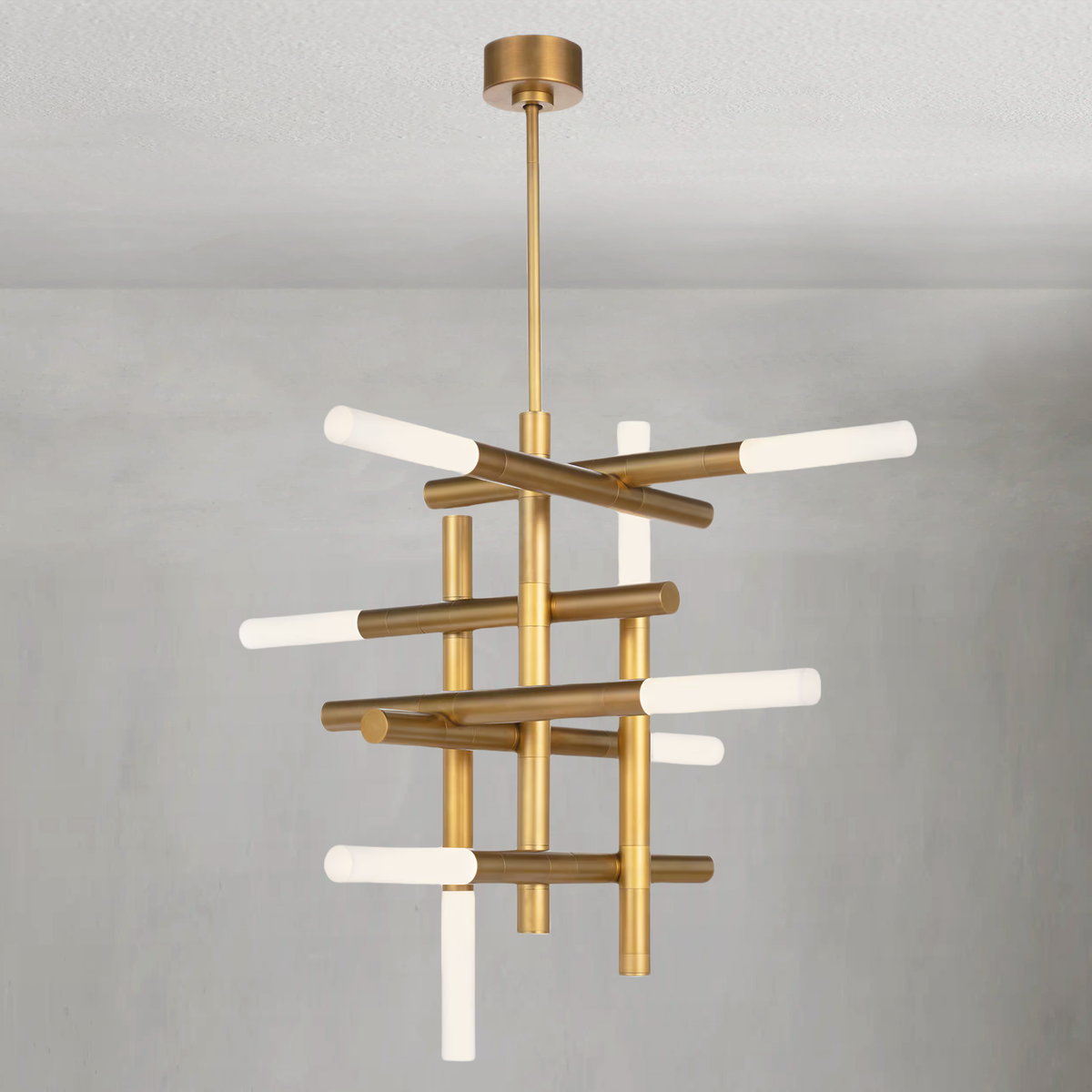 Architectural Steel Arm Chandelier with Frosted Diffusers