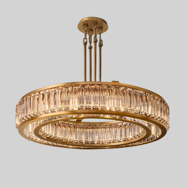 Art Deco Brass Ring Chandelier with Glass Prism Fringe