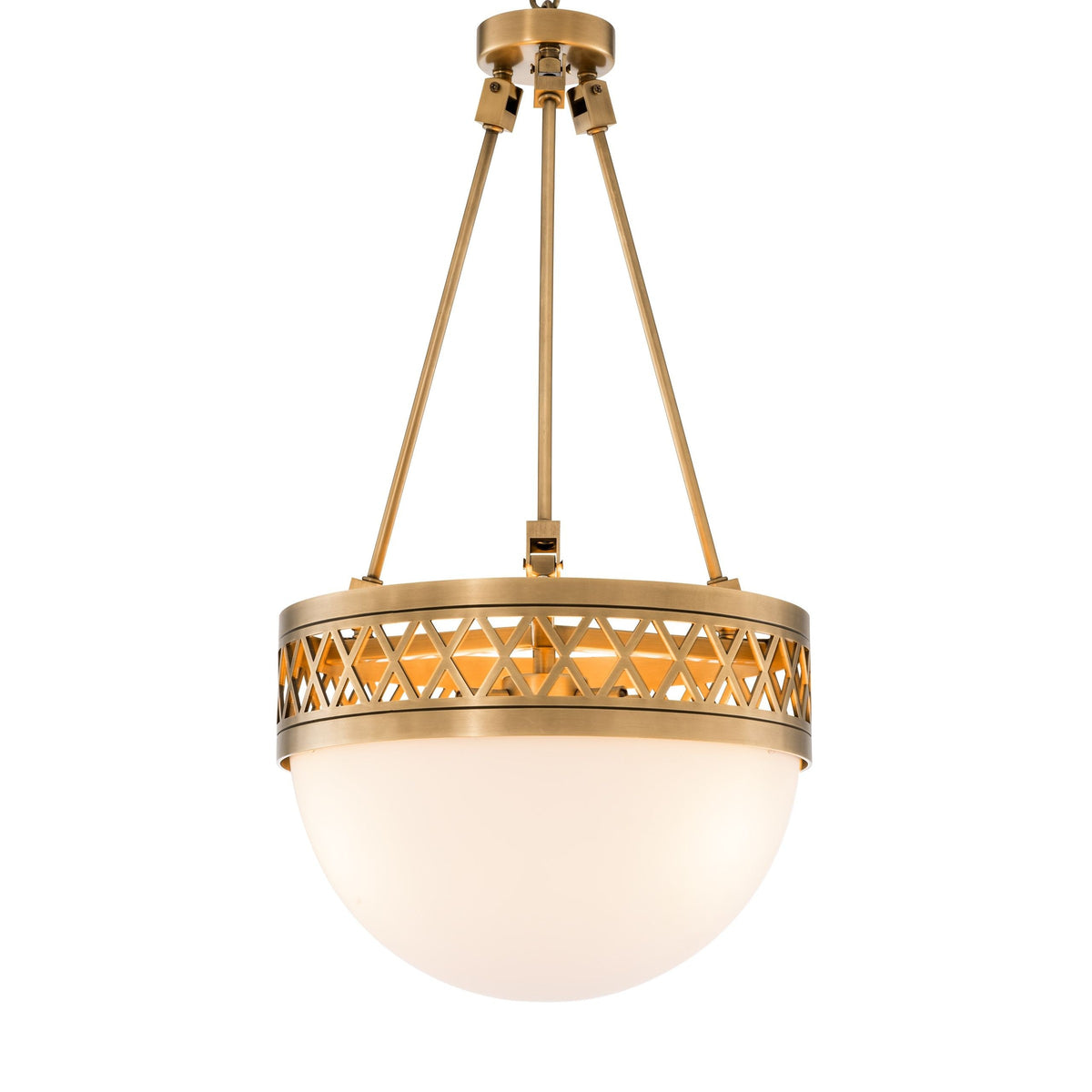 Art Deco Openwork Brass and White Glass Bowl Chandelier