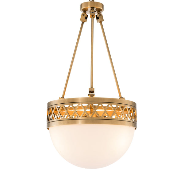 Art Deco Openwork Brass and White Glass Bowl Chandelier