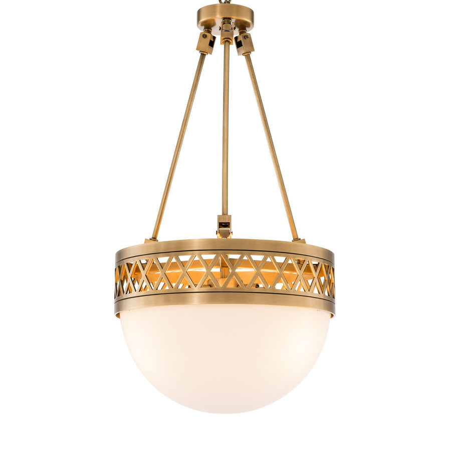 Art Deco Openwork Brass and White Glass Bowl Chandelier