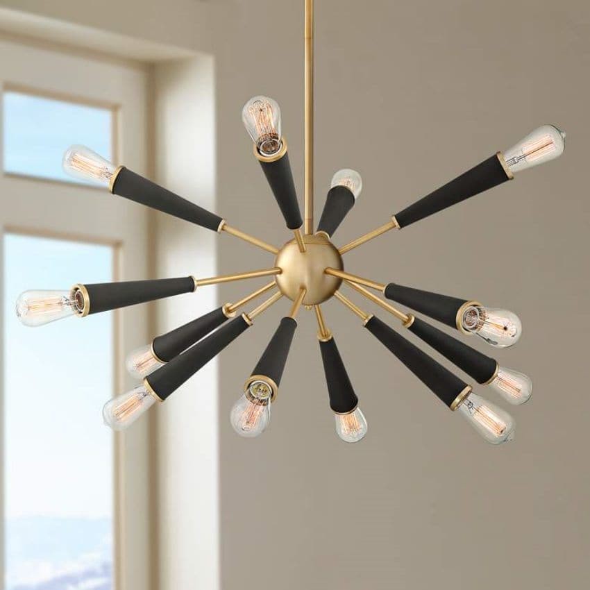 Atomic Radiating Aged Brass and Glass Chandelier