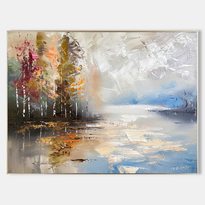 Autumn Birches Beside a Misty Lake