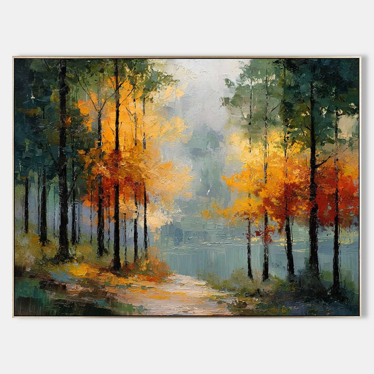 Autumn Forest Path by Misty Water