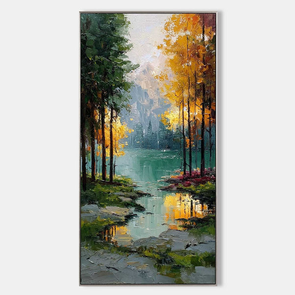 Autumn Forest Pond Beneath Misty Peaks