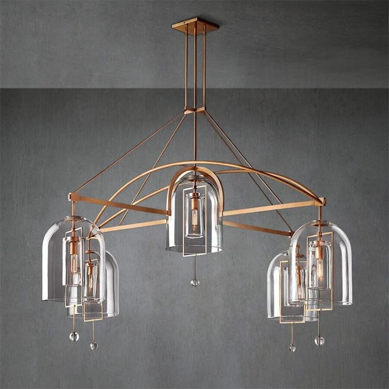 Balanced Brass Ring Chandelier with Glass Discs and Spheres