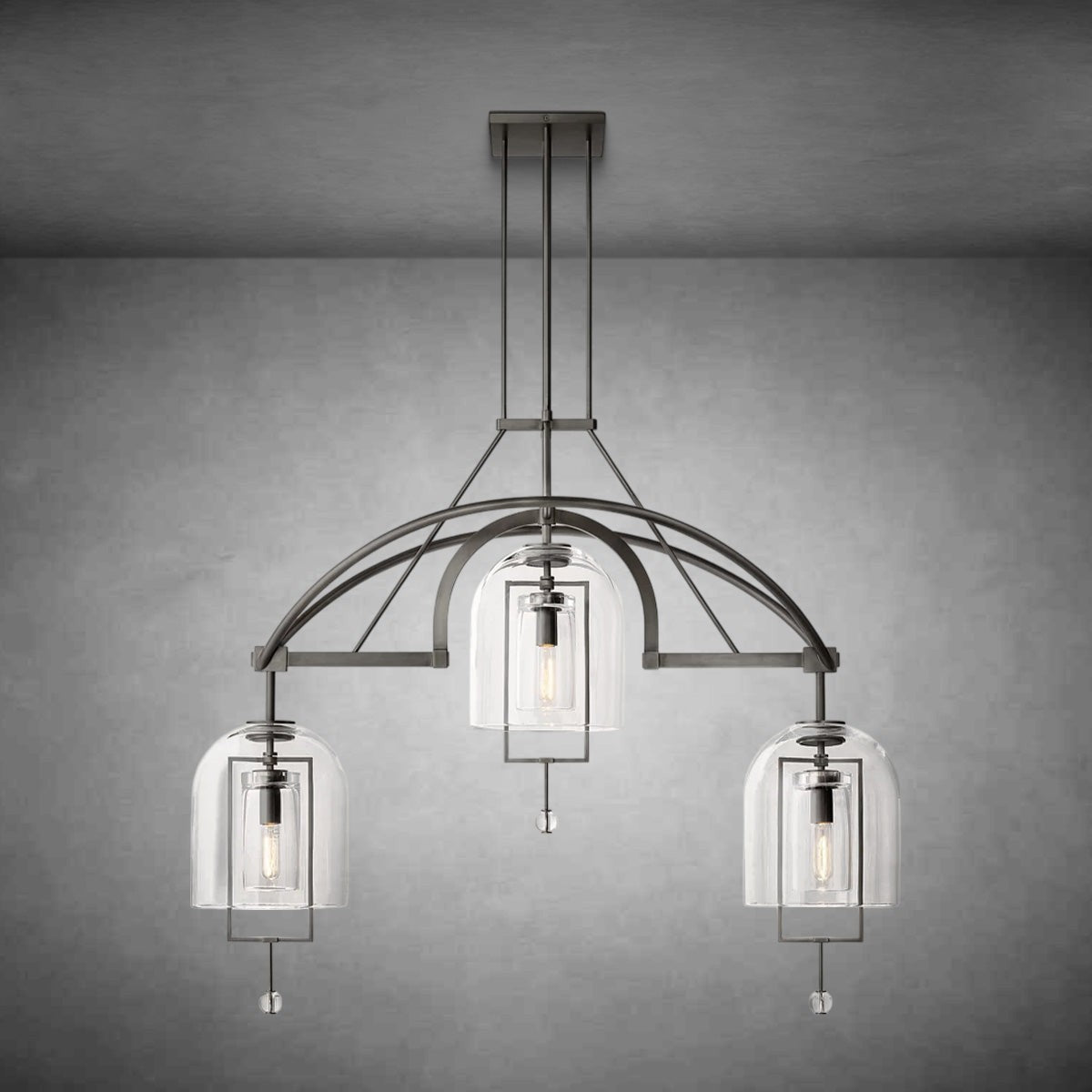 Balanced Ring Brass and Blown Glass Chandelier