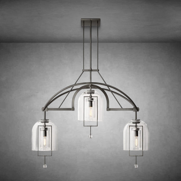 Balanced Ring Brass and Blown Glass Chandelier