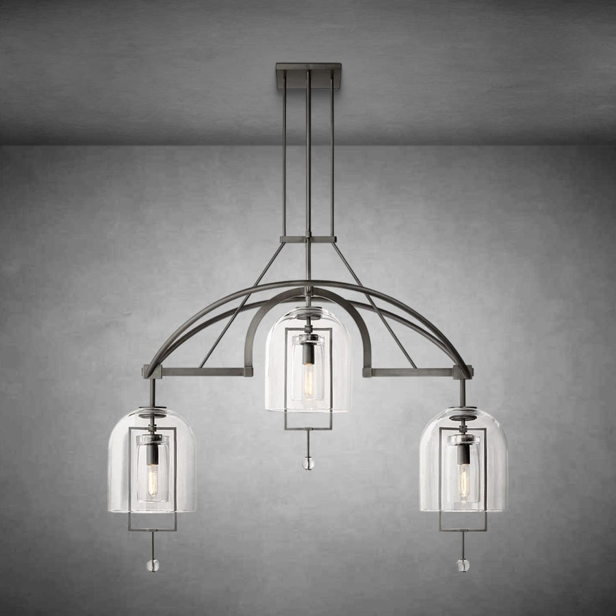 Balanced Ring Brass and Blown Glass Chandelier