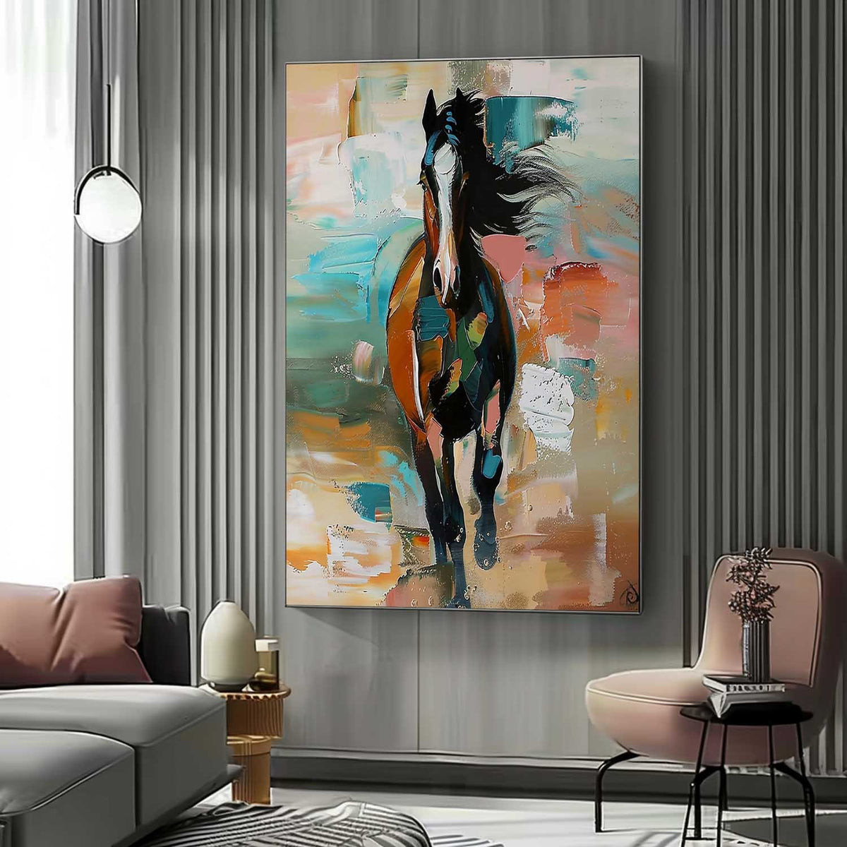 Bay Horse in Turquoise and Coral