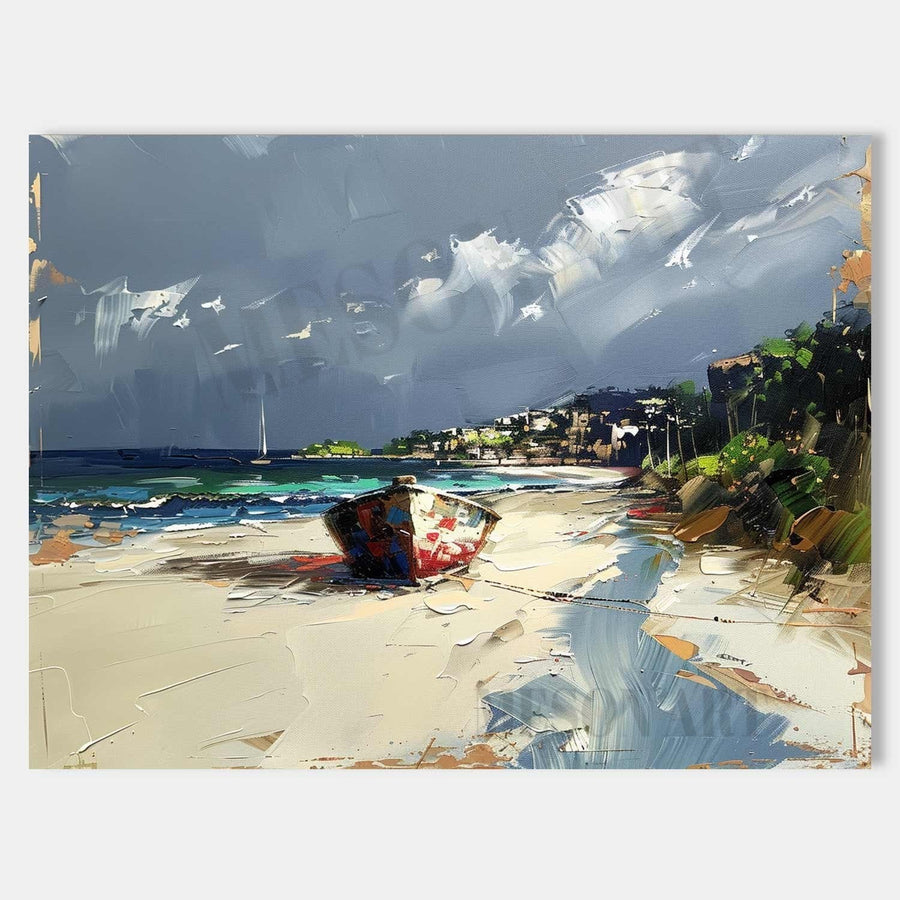 Beached Boat Under Storm Skies