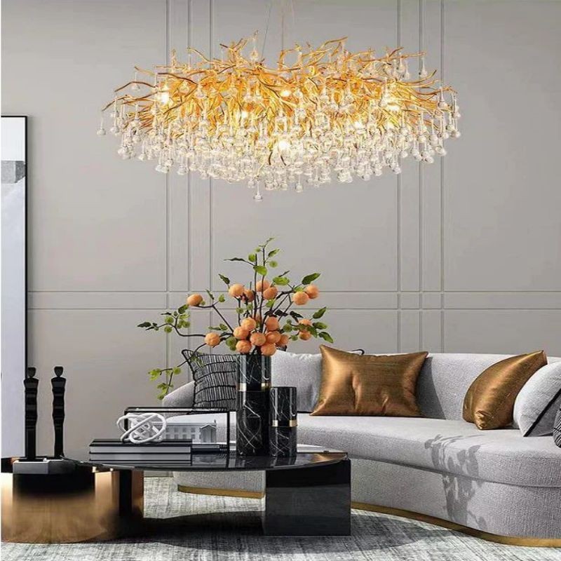 Bendable Gold Branch Chandelier with Glass Drops