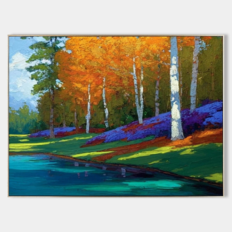 Birch Grove Above a Turquoise Pond