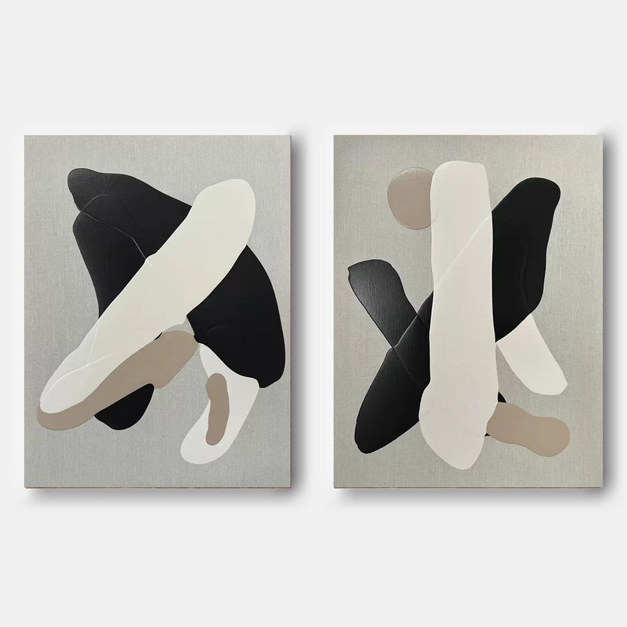 Black and Ivory Interlocking Forms Diptych
