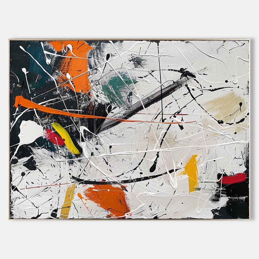 Black and White Drip Abstract with Orange