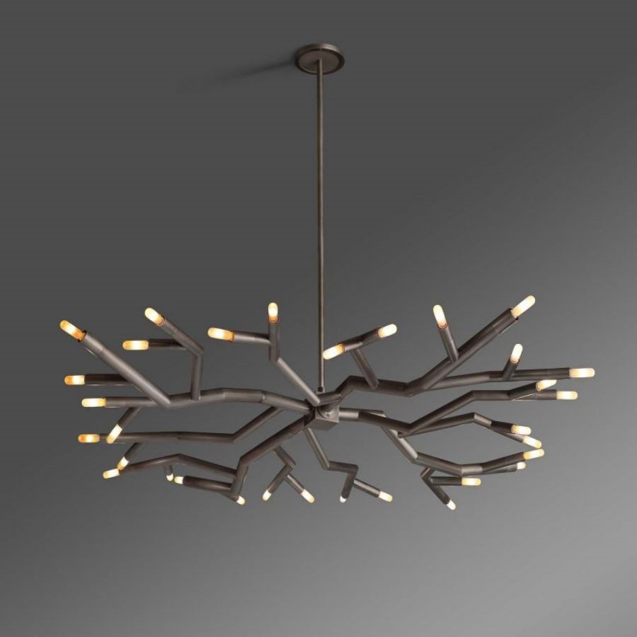 Black Brass Ring Chandelier with Glass Blossoms