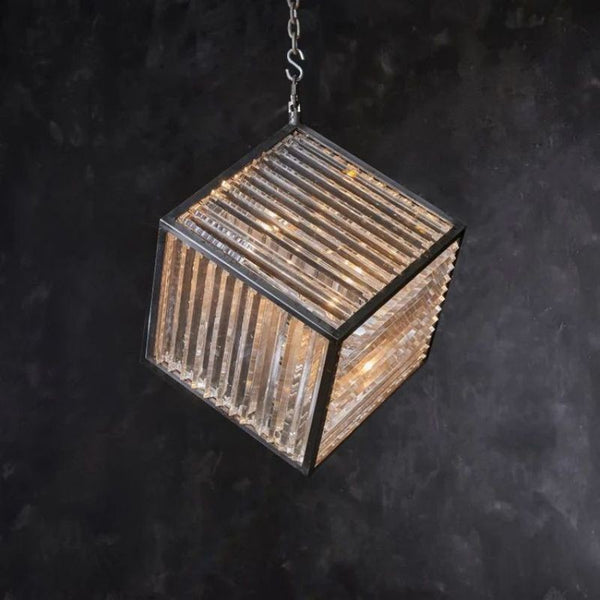 Black Iron Rectangular Chandelier with Glass Cubes
