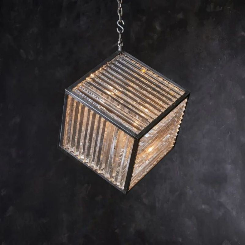 Black Iron Rectangular Chandelier with Glass Cubes
