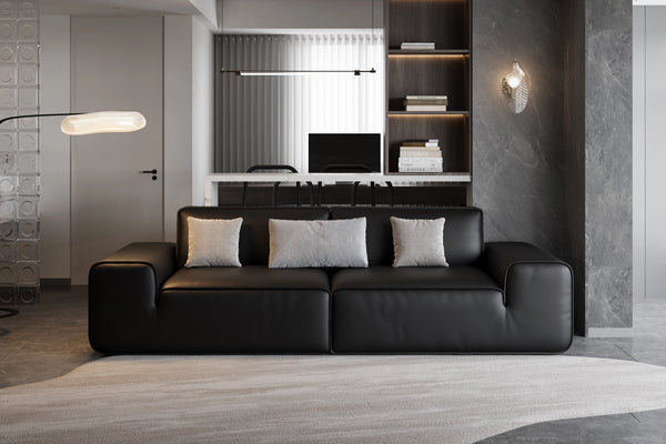 Sofá moderno de cuero genuino negro: sofá contemporáneo extragrande de 3 plazas