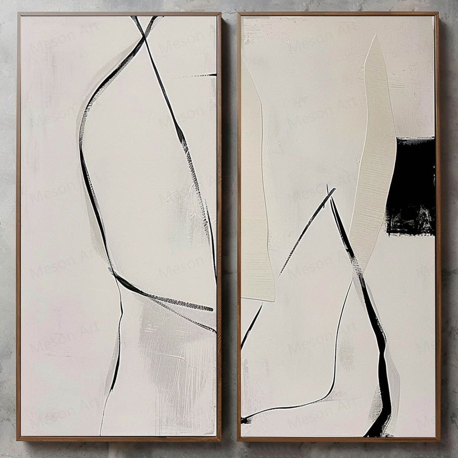 Black Line Abstract Diptych in Ivory