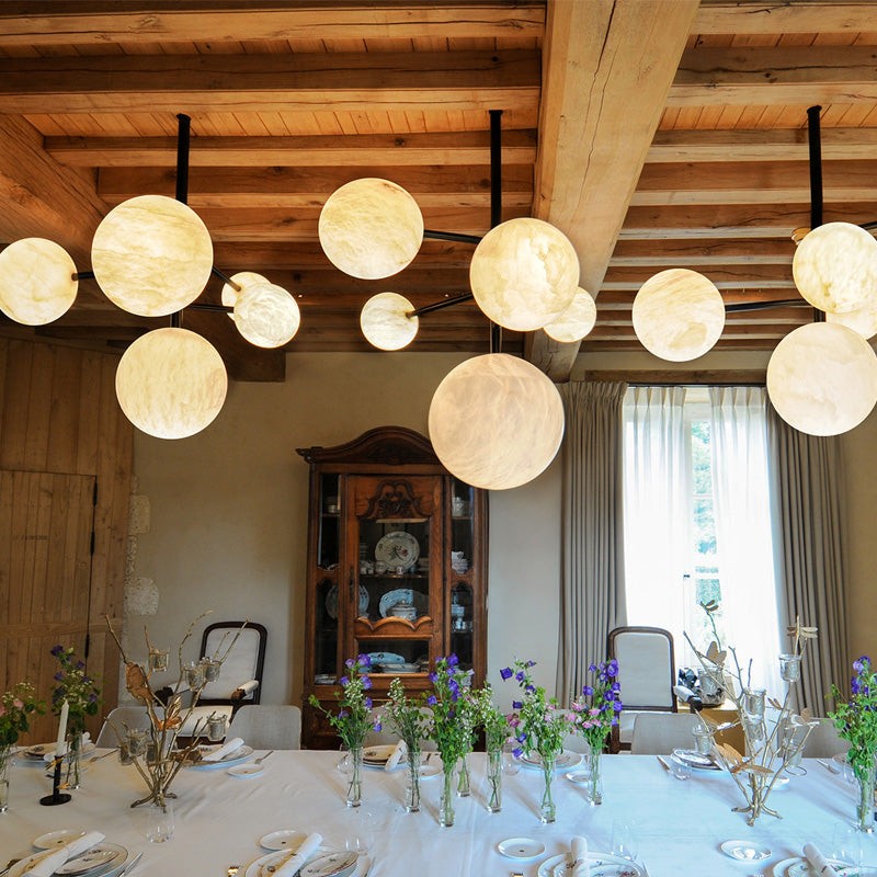 Black Metal Cluster Alabaster Orb Chandelier