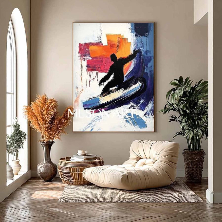 Black Silhouette Surfer in Bold Color
