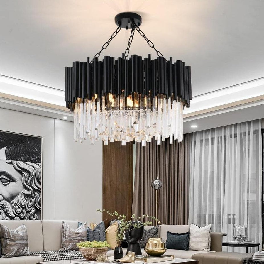Black Steel Ring Chandelier with Layered Crystal