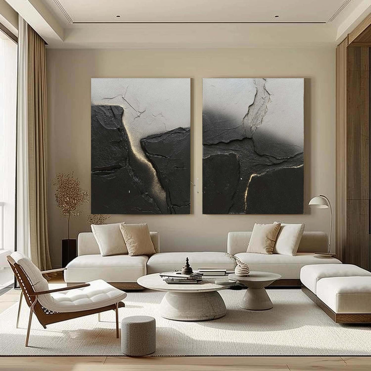 Black Stone and Gold Seam Diptych