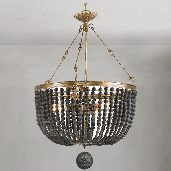 Black Wood Bead Draped Antique Gold Chandelier
