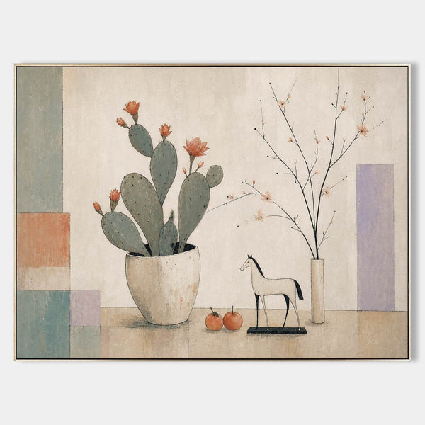 Blooming Cactus and White Horse Still Life