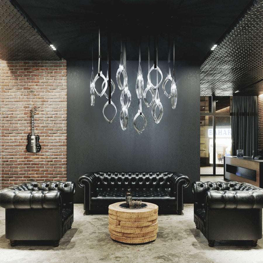 Blown Glass Cluster Chandelier with Leather Straps