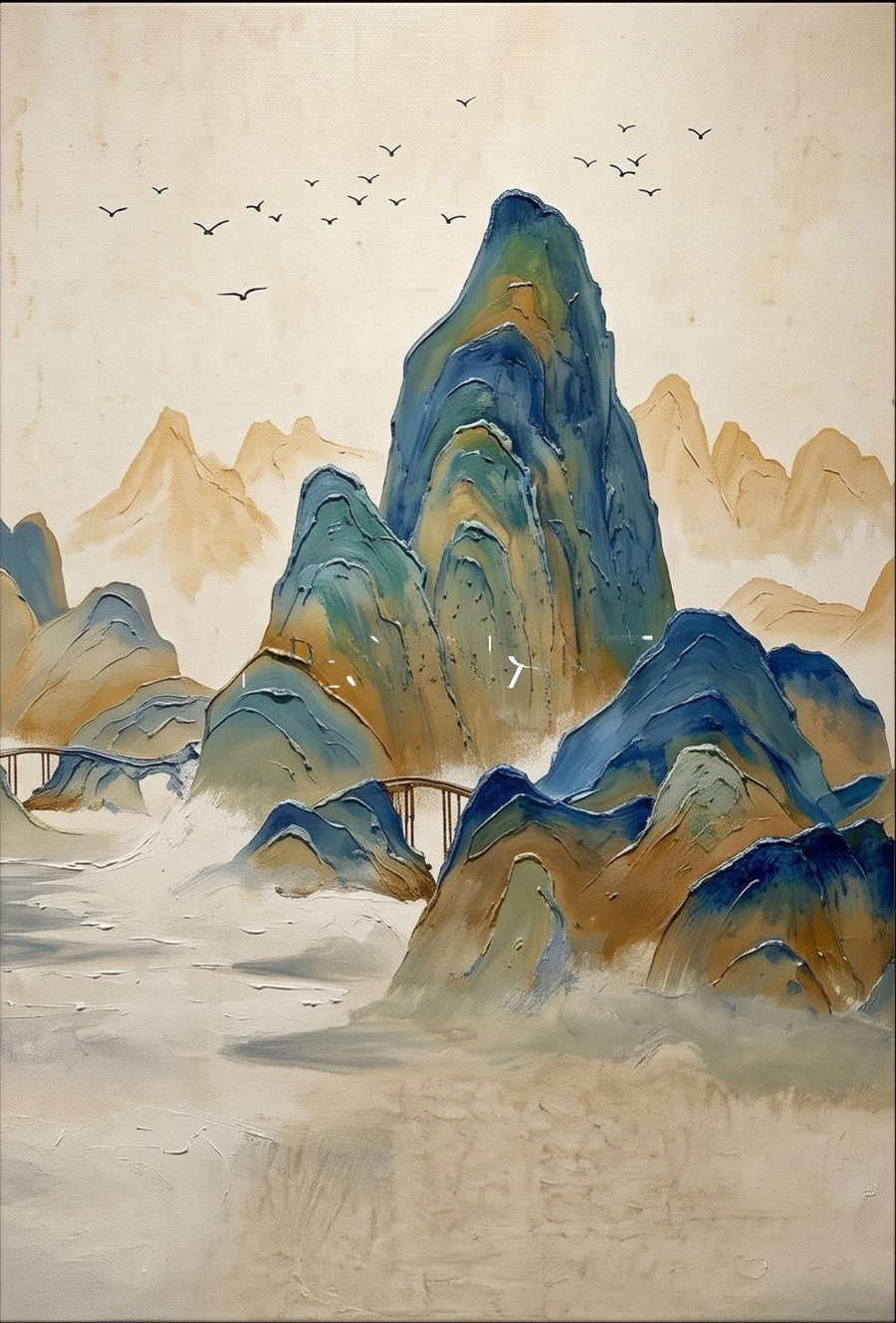 Blue and Ochre Peaks Above Mist