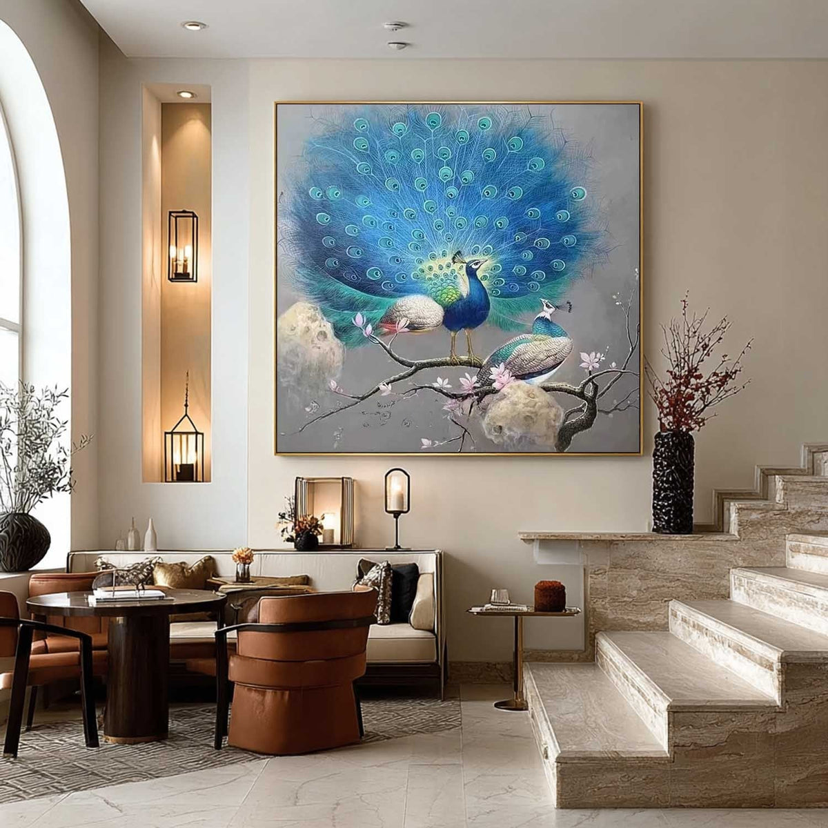 Blue Peacocks on Blossoming Branch