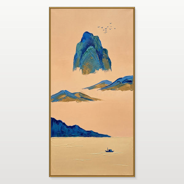 Blue Peaks Over a Peach Sea