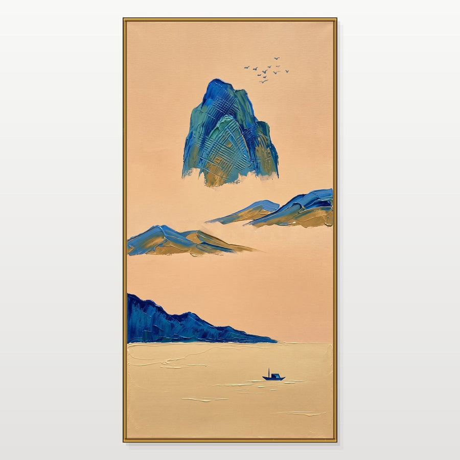 Blue Peaks Over a Peach Sea