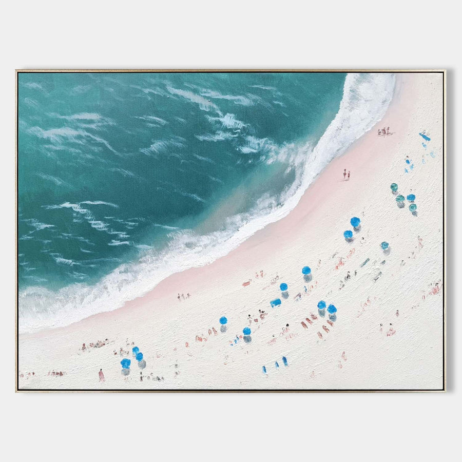 Blue Umbrellas on a Pink Shore
