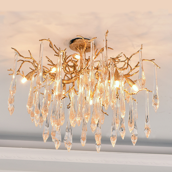 Boat-Shaped Brass Chandelier with Crystal Drops