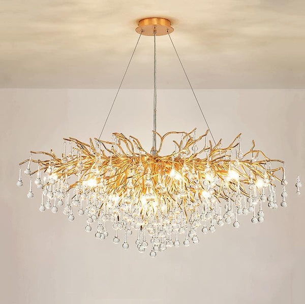 Branching Aluminum and Crystal Drop Chandelier