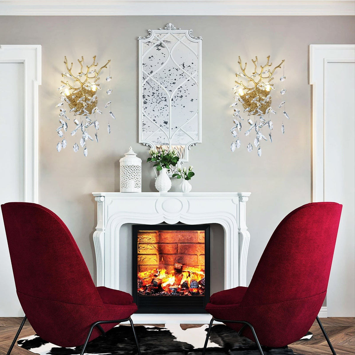 Branching Aluminum and Crystal Droplet Wall Sconce