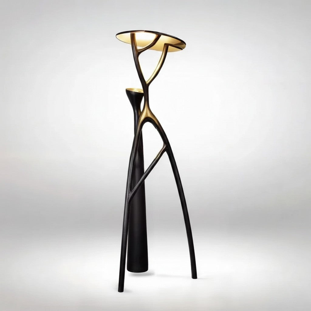 Branching Black Resin Tree Floor Lamp with Gold Canopy