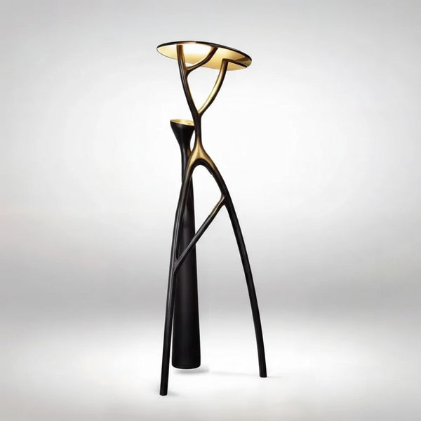 Branching Black Resin Tree Floor Lamp with Gold Canopy