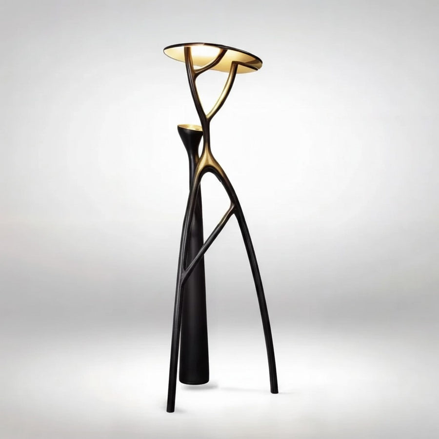 Branching Black Resin Tree Floor Lamp with Gold Canopy