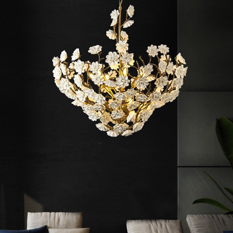 Branching Brass and Ceramic Blossom Chandelier
