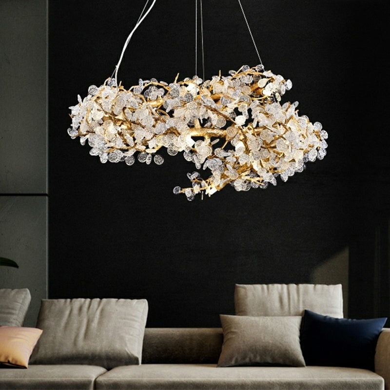 Branching Brass and Clear Glass Sculptural Chandelier