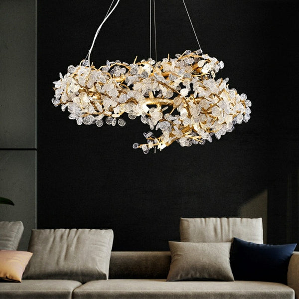 Branching Brass and Clear Glass Sculptural Chandelier