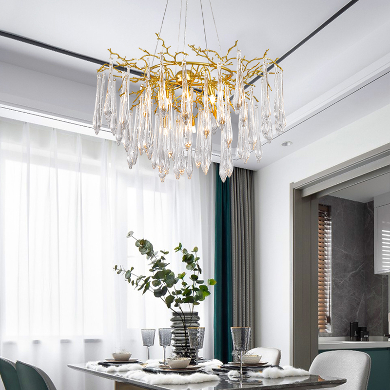 Branching Brass and Crystal LED Chandelier