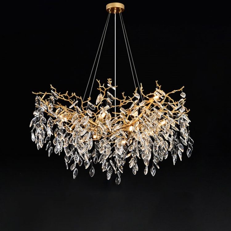 Branching Brass and Glass Crystal Cluster Chandelier