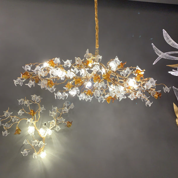 Branching Brass and Glass Linear Chandelier