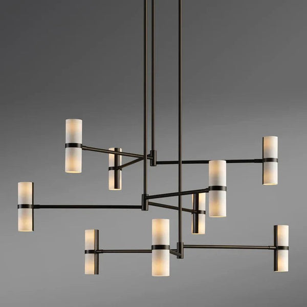 Branching Brass and Porcelain Shade Chandelier
