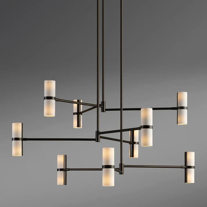 Branching Brass and Porcelain Shade Chandelier